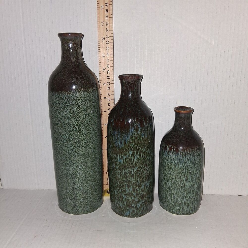 Set Of 3 Vases Brown To Green Organic Drip Different Sizes 12.5, 9.5, 7.5